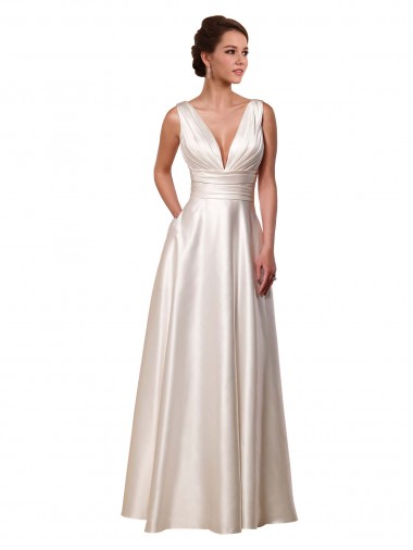 Deep V-Neck A-Line Satin Wedding Dress with Pockets Bristol