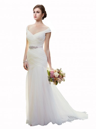 Cap Sleeves Off the Shoulder Ruched Mermaid Tulle Beach Wedding Dress Bristol