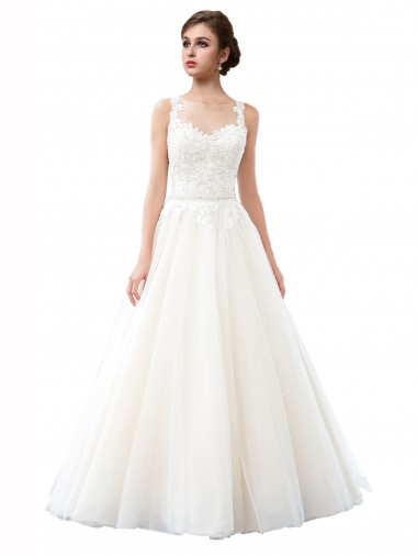 Illusion Neck A-Line Tulle Beach Wedding Dress with Lace Bodice Bristol