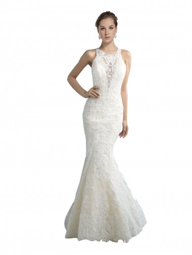 Deep Illusion Neck Mermaid Tulle Beach Wedding Dress with All Over Lace Bristol