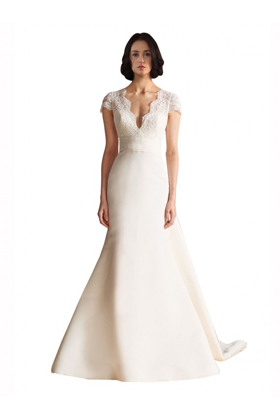 V-Neck Lace Bodice A-Line Satin Wedding Dress with Keyhole Back Bristol