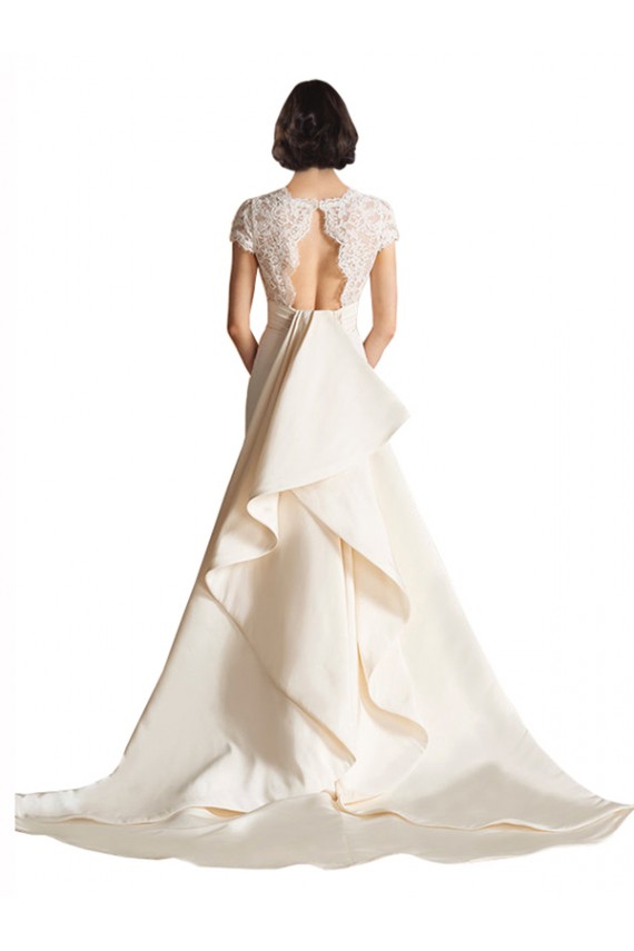 V-Neck Lace Bodice A-Line Satin Wedding Dress with Keyhole Back Bristol