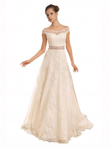 Off the Shoulder Illusion Back A-Line Lace Beach Wedding Dress Bristol