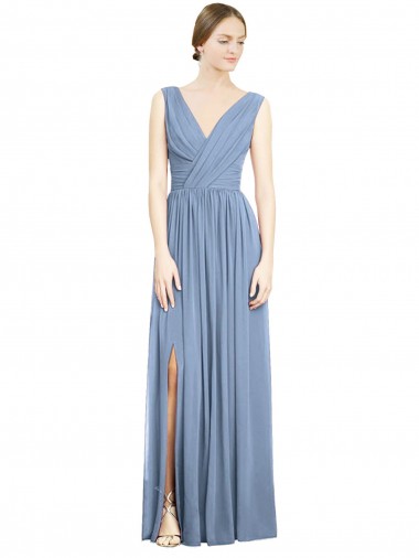 Sleeveless Draped Chiffon Maxi Bridesmaid Dress with Front Slit Bristol