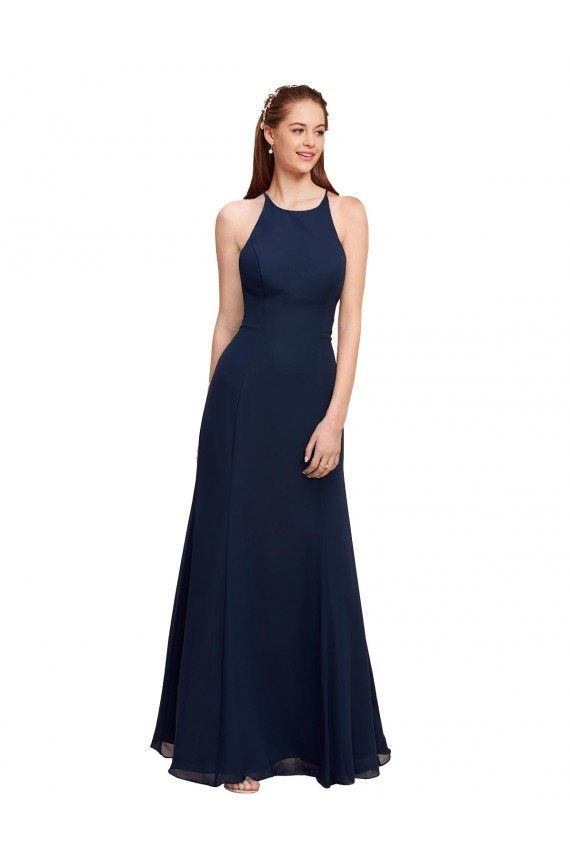 High Halter Fit and Flare Long Chiffon Bridesmaid Dress / Prom Dress with Criss Cross Low Back Bristol