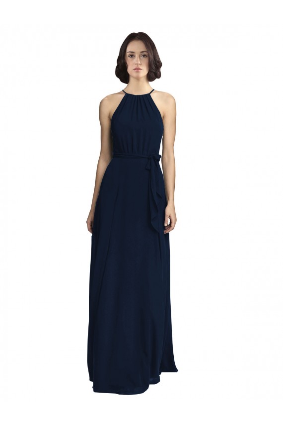 High Neckline Floor Length Chiffon Bridesmaid Dress with Belt Bristol