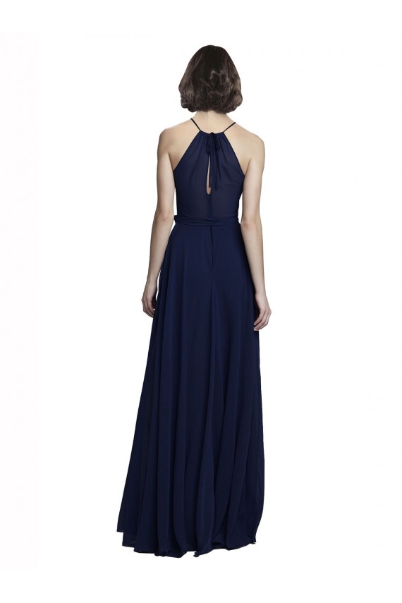 High Neckline Floor Length Chiffon Bridesmaid Dress with Belt Bristol