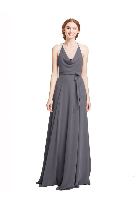 Spaghetti Strap Long Chiffon Bridesmaids Dress with Halter Cowl Neck Bristol