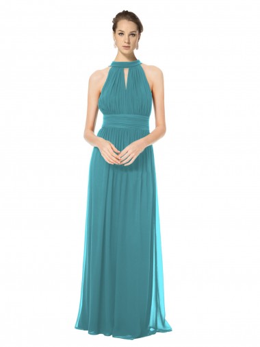 Ruched Long Chiffon Halter Bridesmaid Dress with Tie Back and Tails Bristol