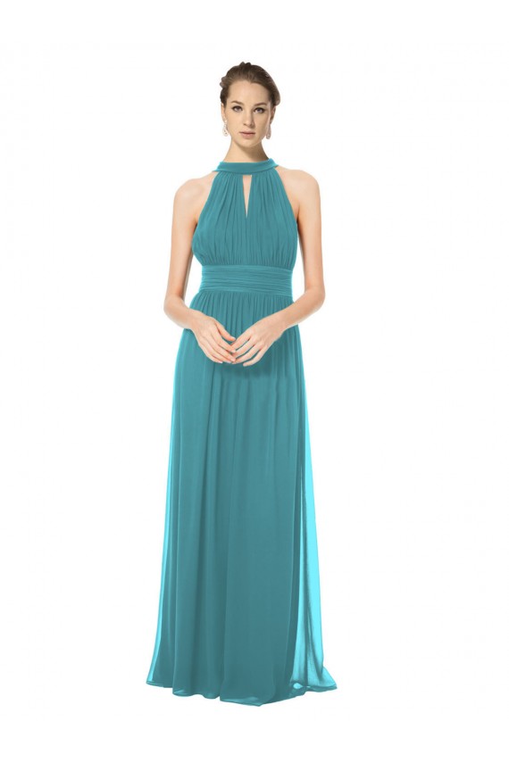 Ruched Long Chiffon Halter Bridesmaid Dress with Tie Back and Tails Bristol
