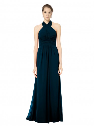 Keyhole Back Long Chiffon Halter Dress with Halter Straps Cross Neck Bristol