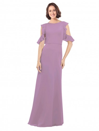 Long Chiffon Bridesmaids Dress with Flounced Sleeve Detail and Criss Cross Back Bristol