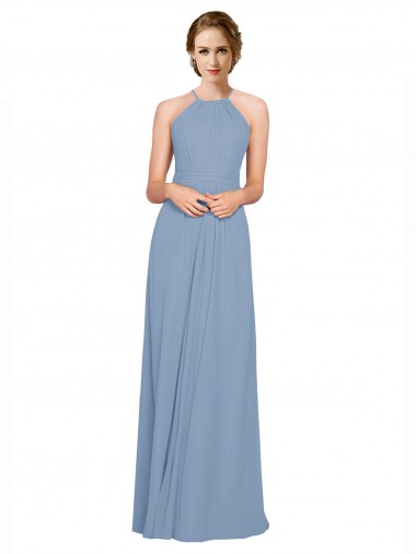 Pleated Halter Neckline A-Line Chiffon Bridesmaid with Criss Cross Back Bristol