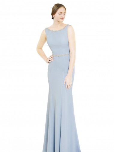 Full Length Chiffon Bridesmaid Dress with Sparkly Neckline and Belt Bristol