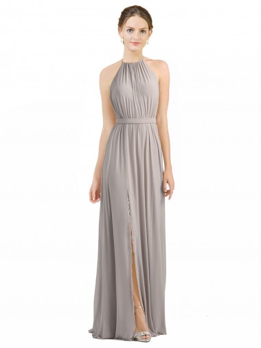 Backless Halter Chiffon Bridesmaid Dress with Front Slit and Tie Open Back Bristol