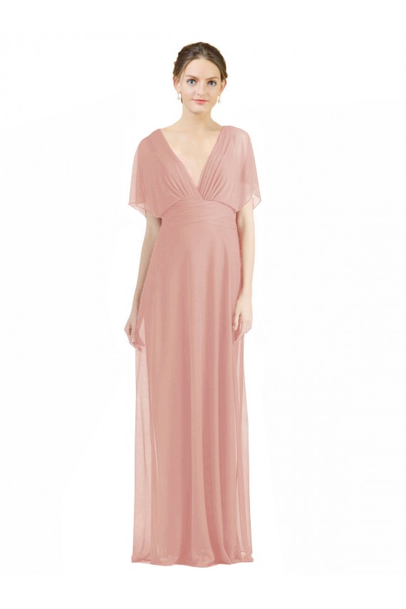 Draped Short Sleeves Long Chiffon A-Line Bridesmaid Dress Bristol