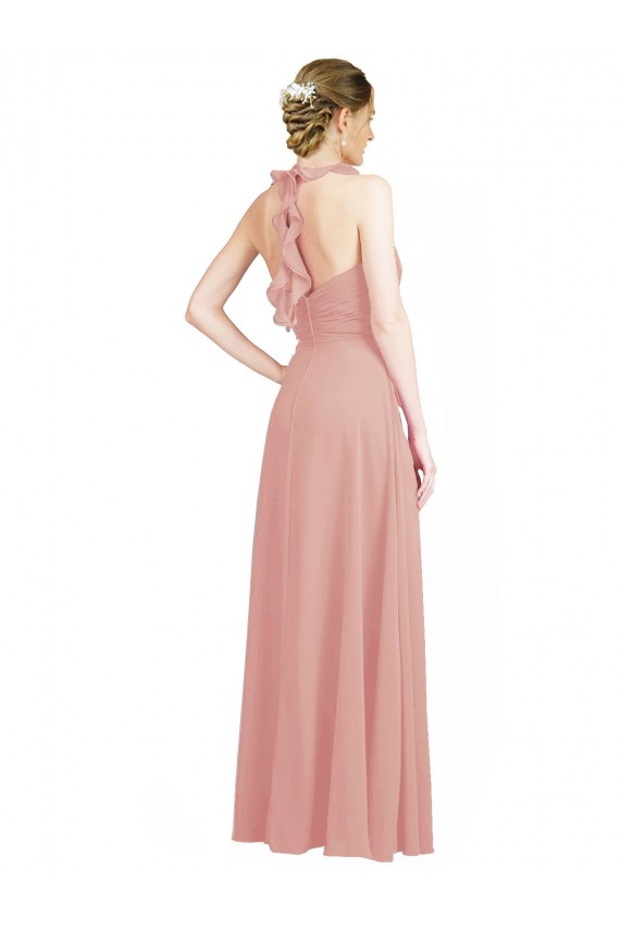Ruched Sweetheart Halter Neckline Chiffon Bridesmaid Dress with Tie Open Back Bristol