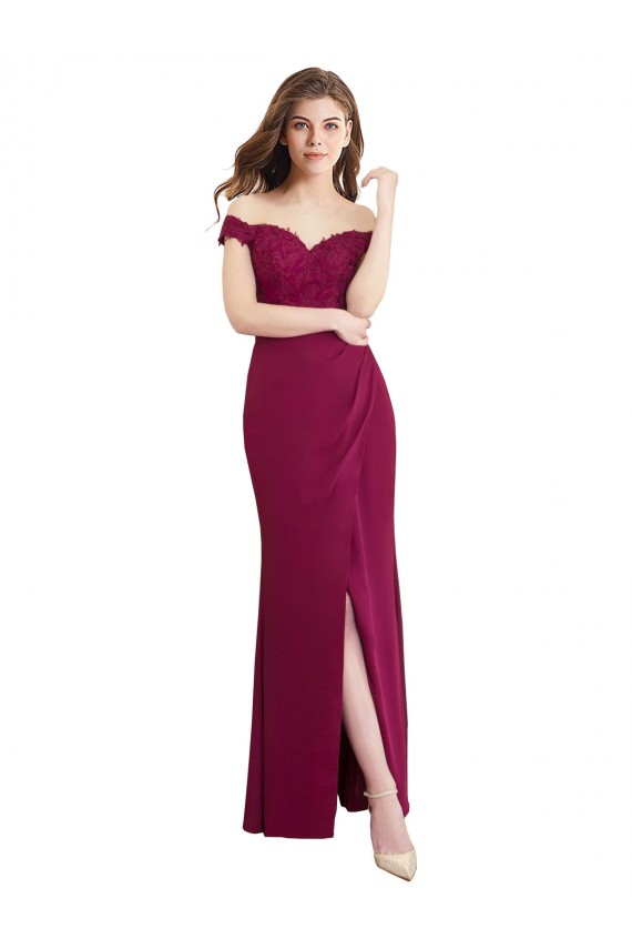 Off the Shoulder Chiffon Bridesmaid Dress with Lace Appliques and Front Slit Bristol