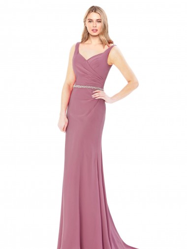Long Slim Chiffon Bridesmaid Dress / Prom Dress with Beaded Waist Bristol