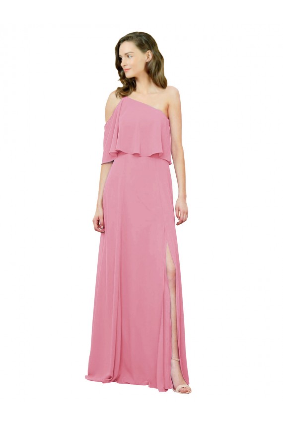 Sleeved One Shoulder Chiffon Bridesmaids Dress with Draped Ruffle Overlay Bristol