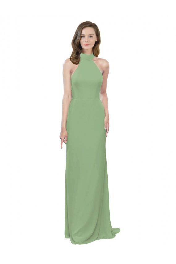 High Collar Halter Neck Chiffon Bridesmaid Dress with Long Back Tie Bristol