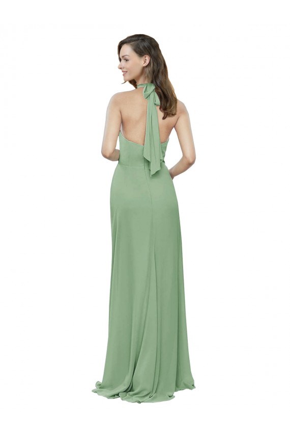 High Collar Halter Neck Chiffon Bridesmaid Dress with Long Back Tie Bristol