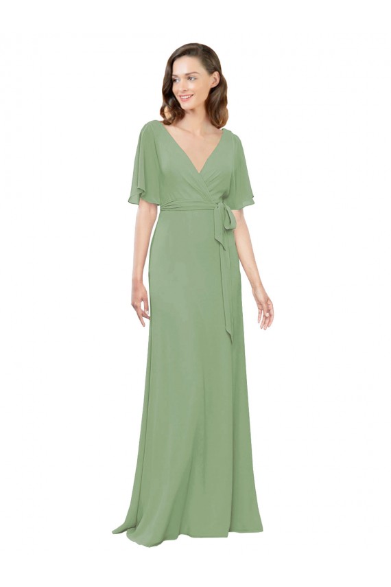 Chiffon V-Neckline Wrap Bridesmaids Dress With Double Flutter Sleeve Bristol