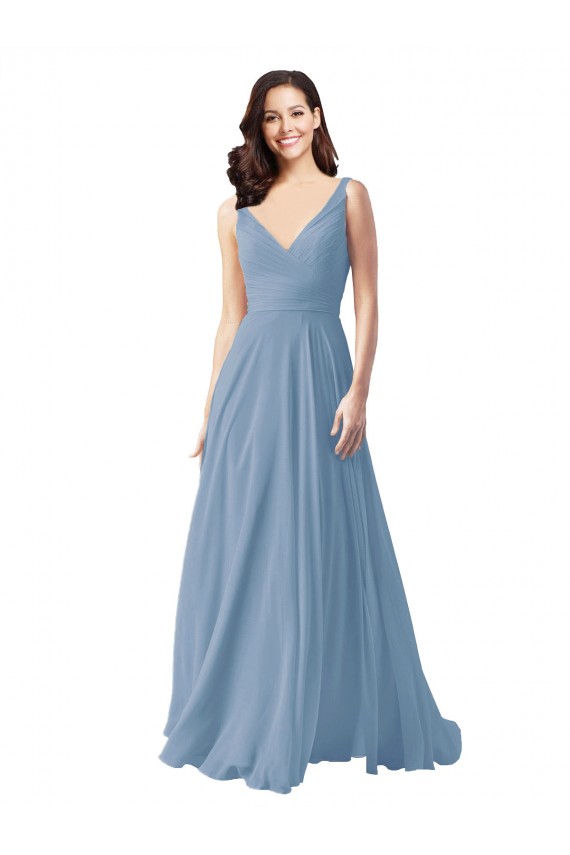 Long Chiffon V-Neck and Self Sash Bridesmaid Dress with Shirred Criss Cross Bodice Bristol