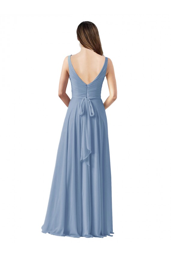 Long Chiffon V-Neck and Self Sash Bridesmaid Dress with Shirred Criss Cross Bodice Bristol