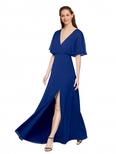 V-Neck Long Chiffon Bridesmaid Dress with Dolman Sleeved Bodice and Slit Bristol