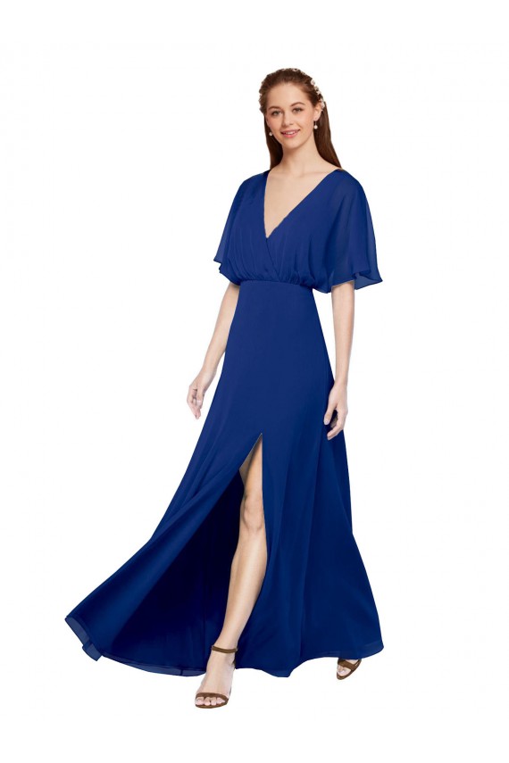 V-Neck Long Chiffon Bridesmaid Dress with Dolman Sleeved Bodice and Slit Bristol