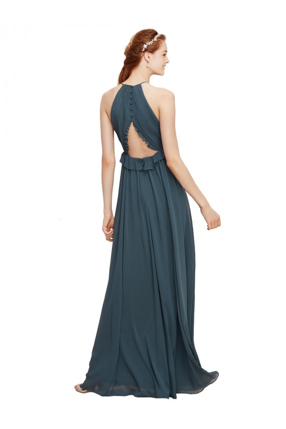 Halter Neck Front Keyhole Chiffon Bridesmaid Dress with Shirred Waist Bristol