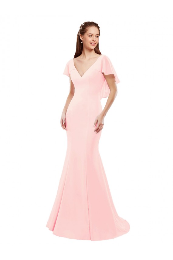 Fit and Flare Chiffon Bridesmaid Dress with V-Neck and Flutter Sleeves Bristol
