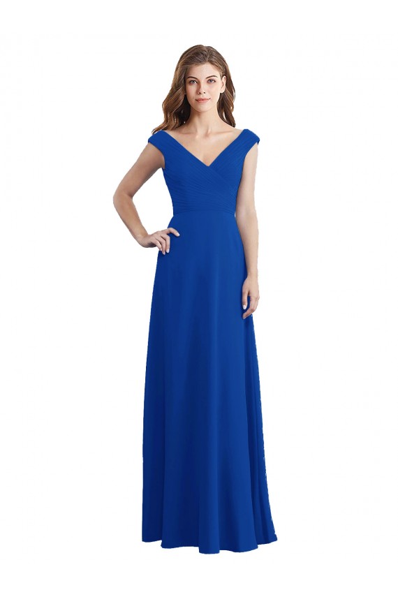 Draped Shoulder V-Neck Long Chiffon Bridesmaid Dress Bristol