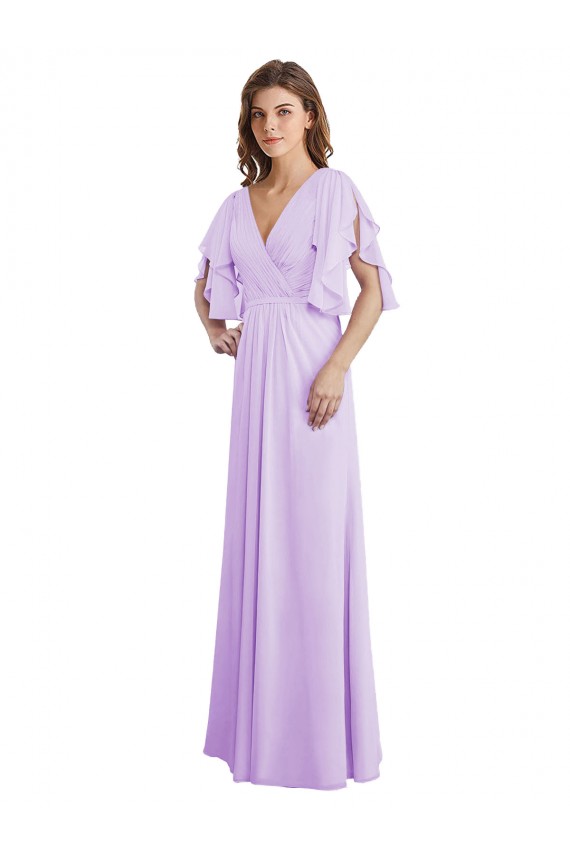 A-Line Draped Chiffon Bridesmaid Dress with V-Neck and Split Sleeves Bristol