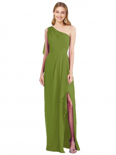 One Shoulder Chiffon Bridesmaid Dress with Draped Front Slit Bristol