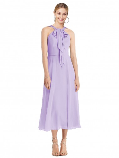 Midi Length Halter Plunging V-Back Chiffon Bridesmaid Dress / Cocktail Dress Bristol