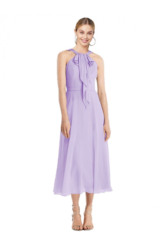 Midi Length Halter Plunging V-Back Chiffon Bridesmaid Dress / Cocktail Dress Bristol