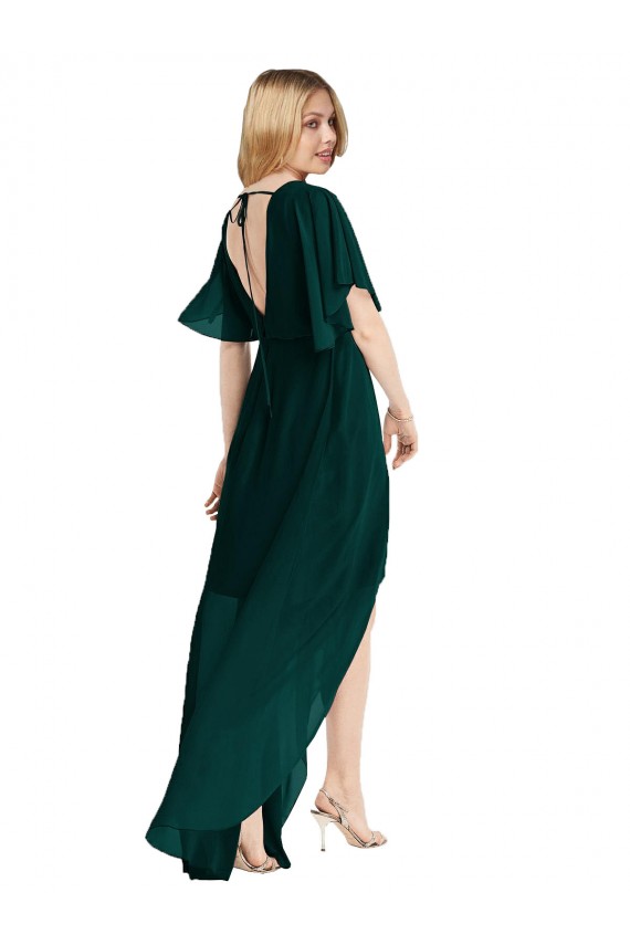 Plunging V Back Flutter Sleeves Cocktail Length Chiffon Bridesmaid Dress Bristol