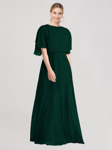 Full-Length Flutter Sleeves Plunging V Back Chiffon Bridesmaid Dress Bristol