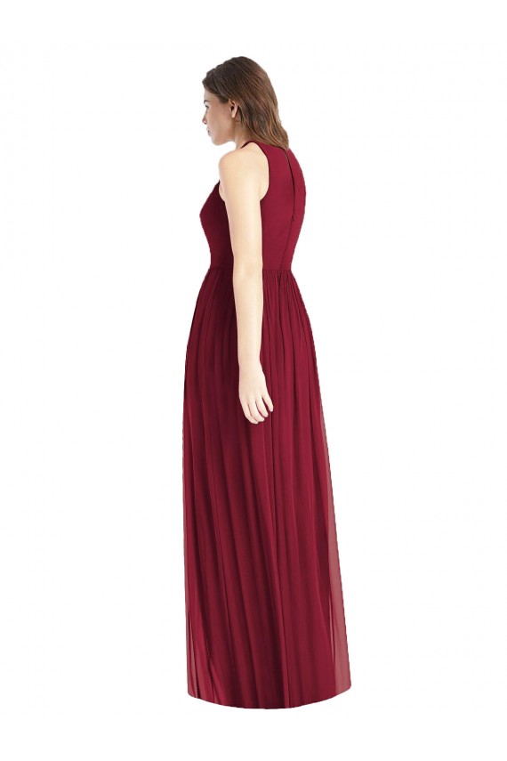Shirred Skirt Jewel Neck Halter Chiffon Bridesmaid Dress with Front Slit Bristol