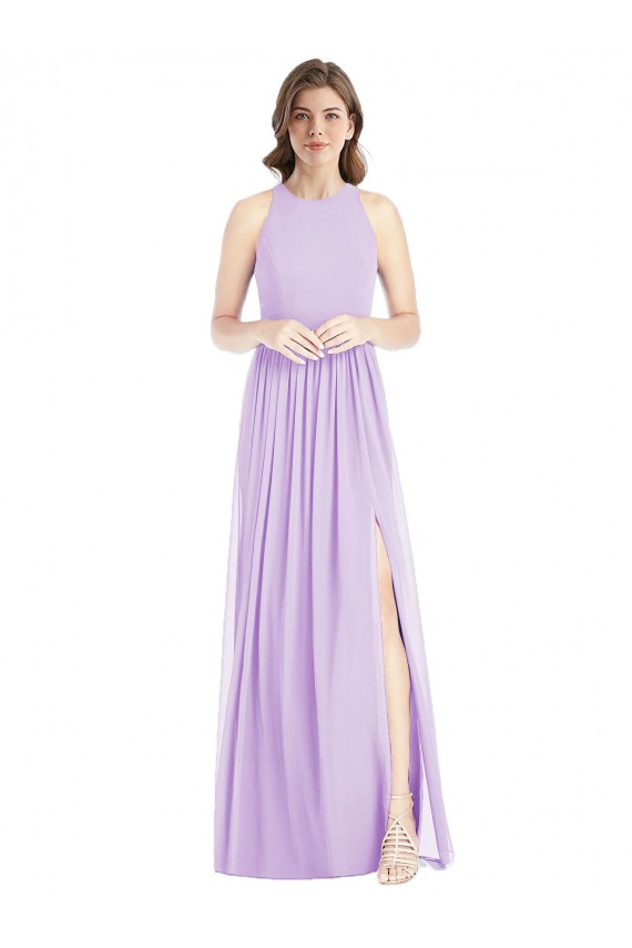 Shirred Skirt Jewel Neck Halter Chiffon Bridesmaid Dress with Front Slit Bristol
