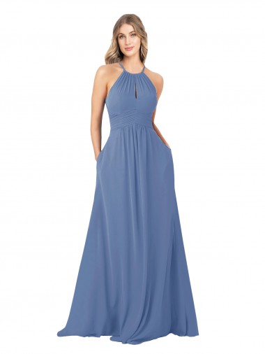Draped High Neck Keyhole Back Bridesmaid Dress with Front Slit Bristol