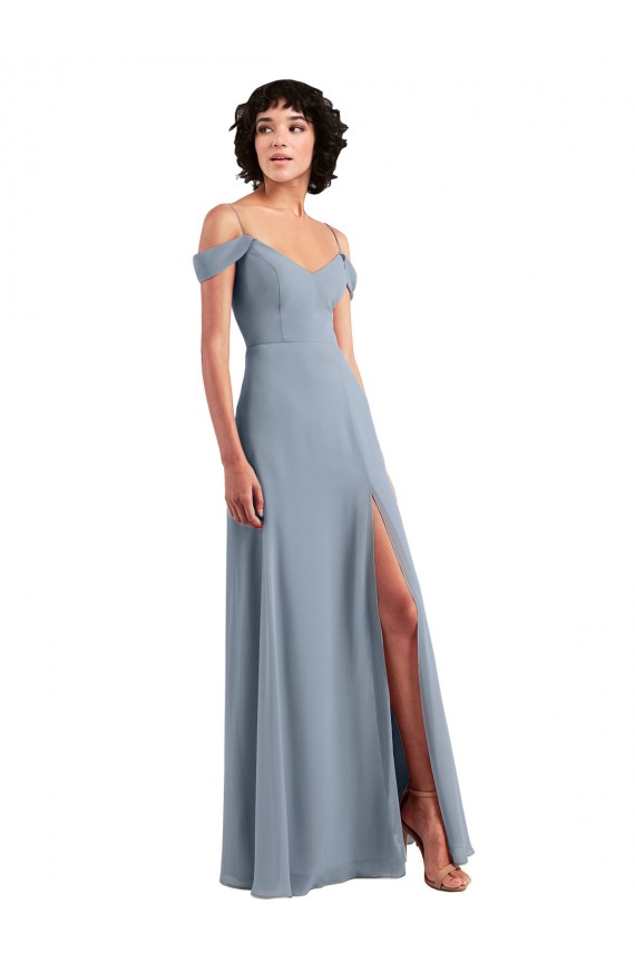 Off the Shoulder Folded Sleeve Long Chiffon Bridesmaid Dress with High Side Slit Bristol