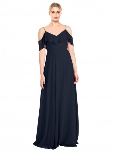 Draped Sleeves Flounce Neckline Long Chiffon Bridesmaid Dress with Spaghetti Straps Bristol