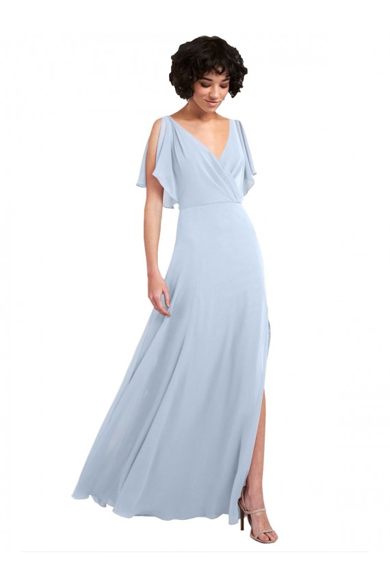 Split Flutter Sleeves V-Neck Chiffon Bridesmaid Dress with Open V-Back Bristol