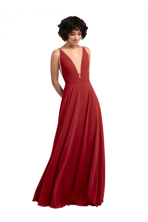 Fitted Plunging Deep V-Neck Long Chiffon Bridesmaid Dress with V-Back Bristol