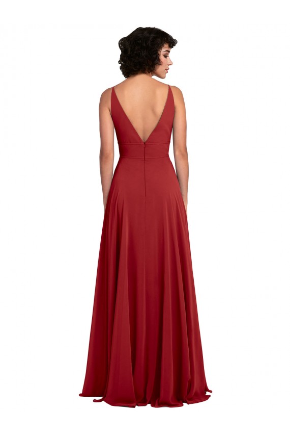 Fitted Plunging Deep V-Neck Long Chiffon Bridesmaid Dress with V-Back Bristol