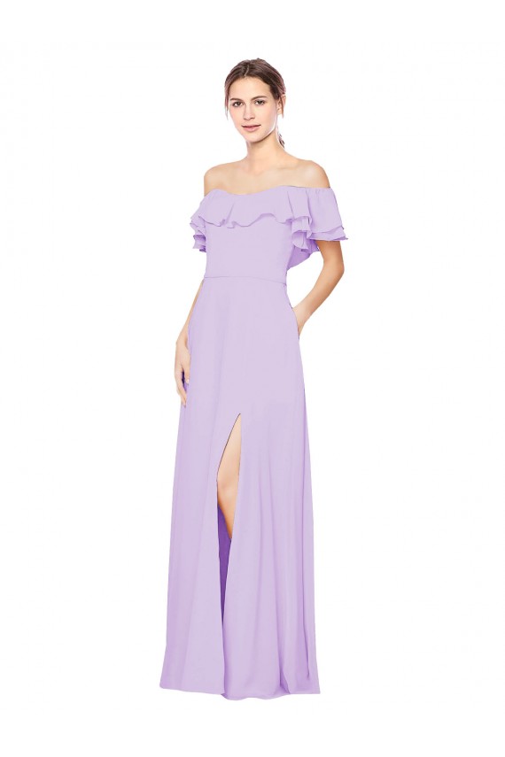 Ruffled Off the Shoulder Long Chiffon Bridesmaid Dress with Slit Bristol
