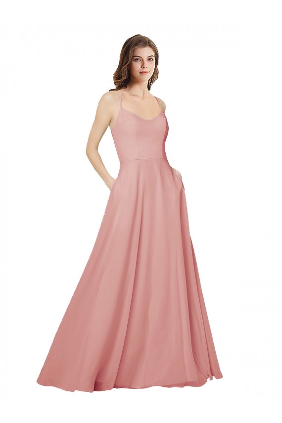 Open Back Wide Tie Band Long Chiffon Bridesmaid Dress with Pockets Bristol